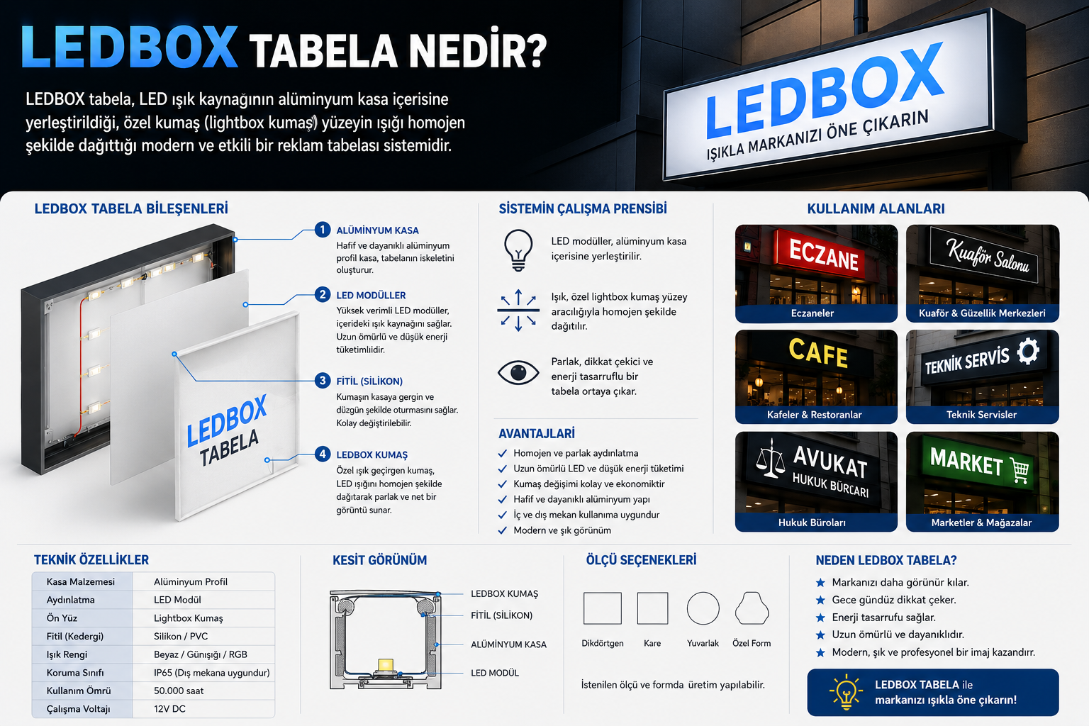 Silikon fitilli ışıklı kumaş lightbox tabela detayı